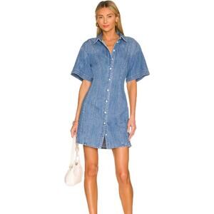 FRAME Seam Detail shoreline wash Short Sleeve Button Up Denim Mini Dress Blue XL